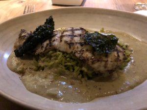 July dinner entree of featured fish (halibut) with green sesame pipián at Frontera Grill. (J Jacobs photo)