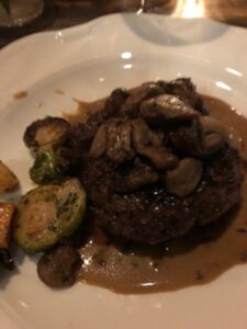 A filet the Sophia way, topped with mushrooms and accompanied by Brussels sprouts and squash (J Jacobs photo)